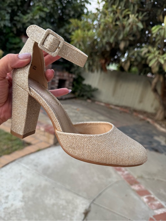 Shoes - Gold Glitter Block Heel Ankle Strap Pumps - Women